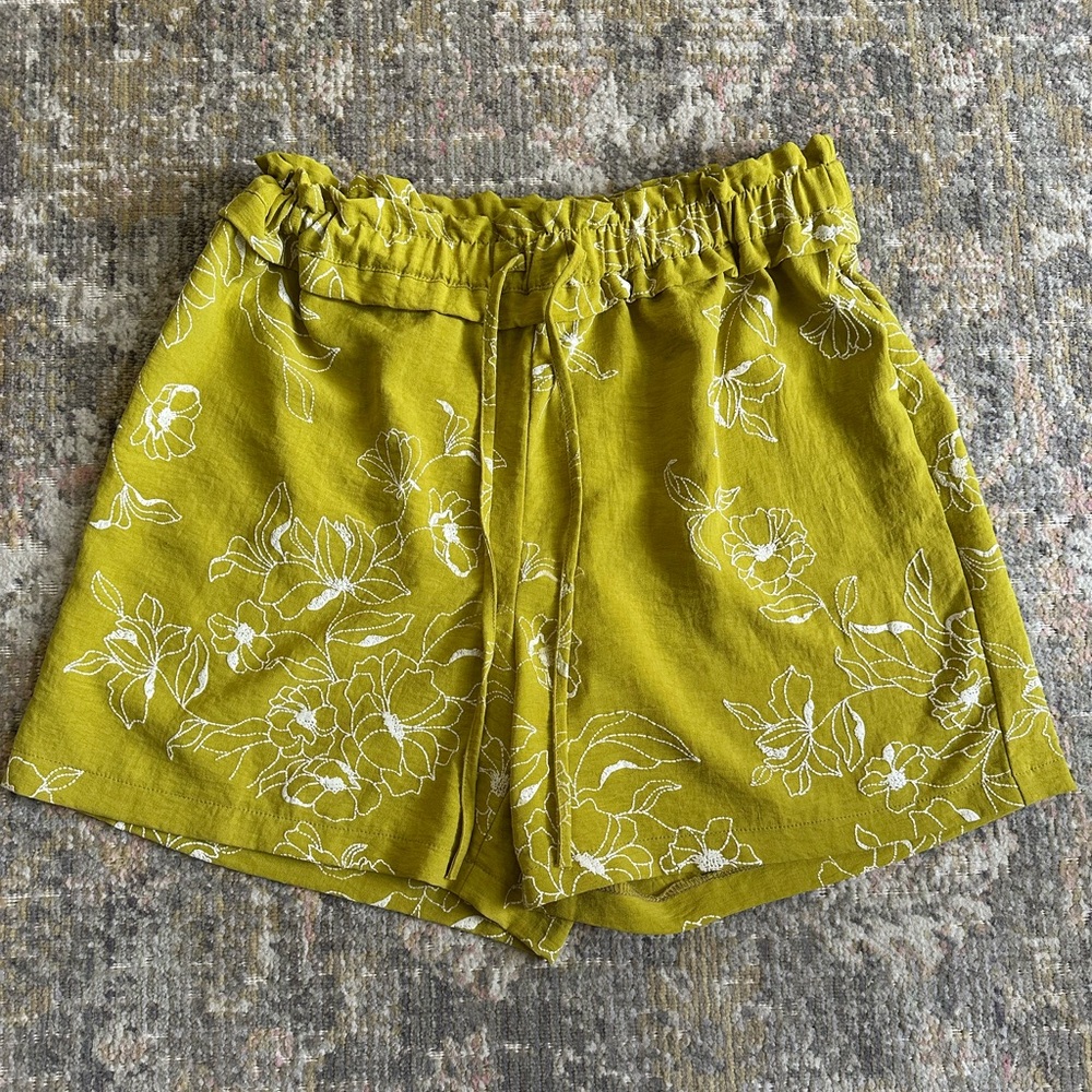 Chartreuse Floral Embroidered Ruffle High Rise Drawstring Shorts Boho Resort